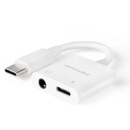 Nanocable Adaptador de Audio USB-C Macho a Jack 3.5 Hembra y USB-C Hembra PD 60W, Blanco
